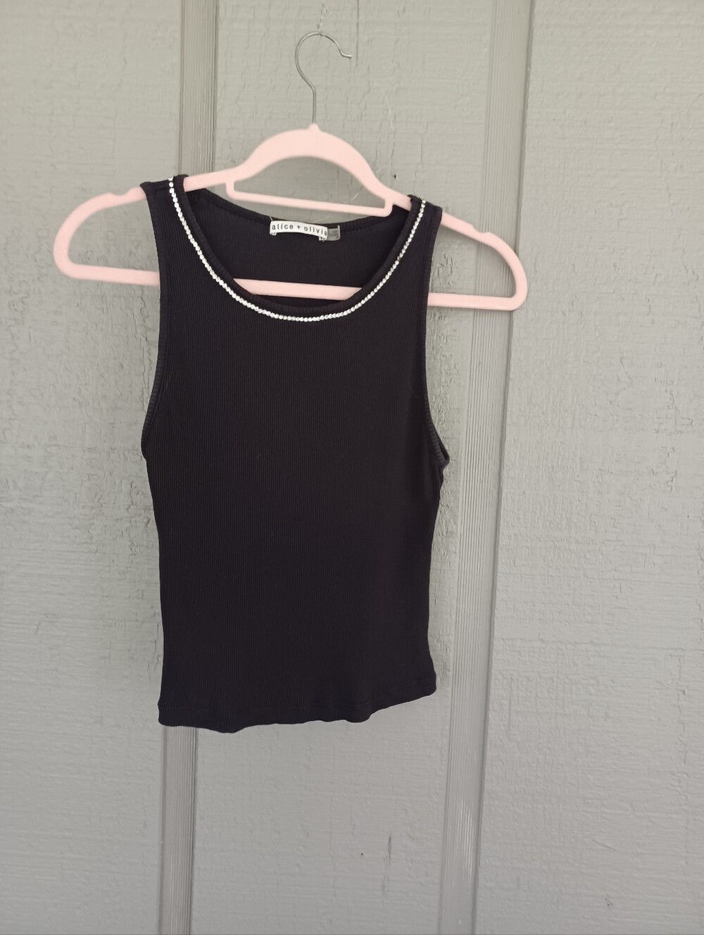 Alice And Olivia Embellished Ribbed Tank Top Size XS Cotton Rhinestone In Black